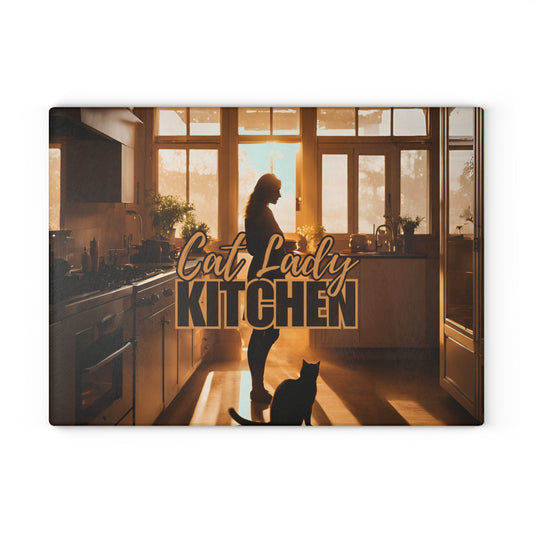 Sunset Cat Lady Kitchen Glass Cutting Board