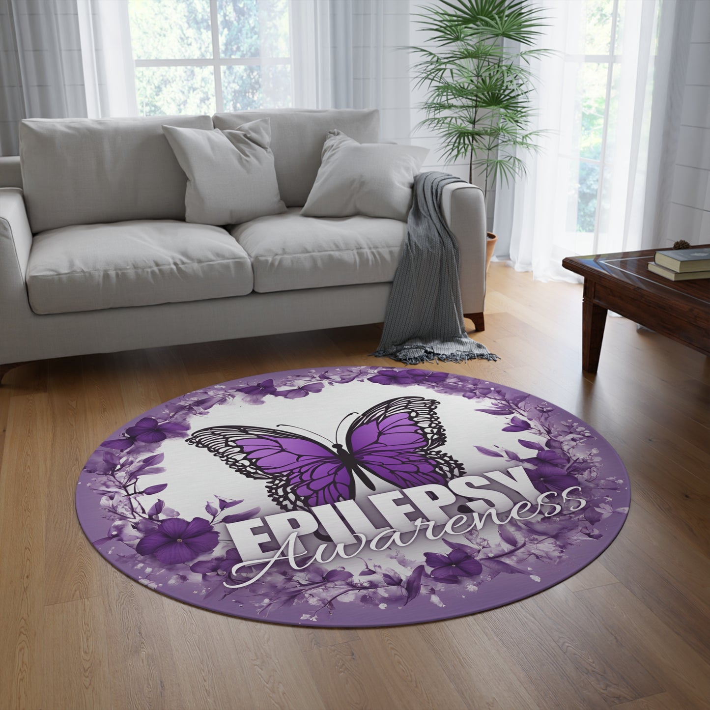 Purple Butterfly Epilepsy Awareness Round Rug