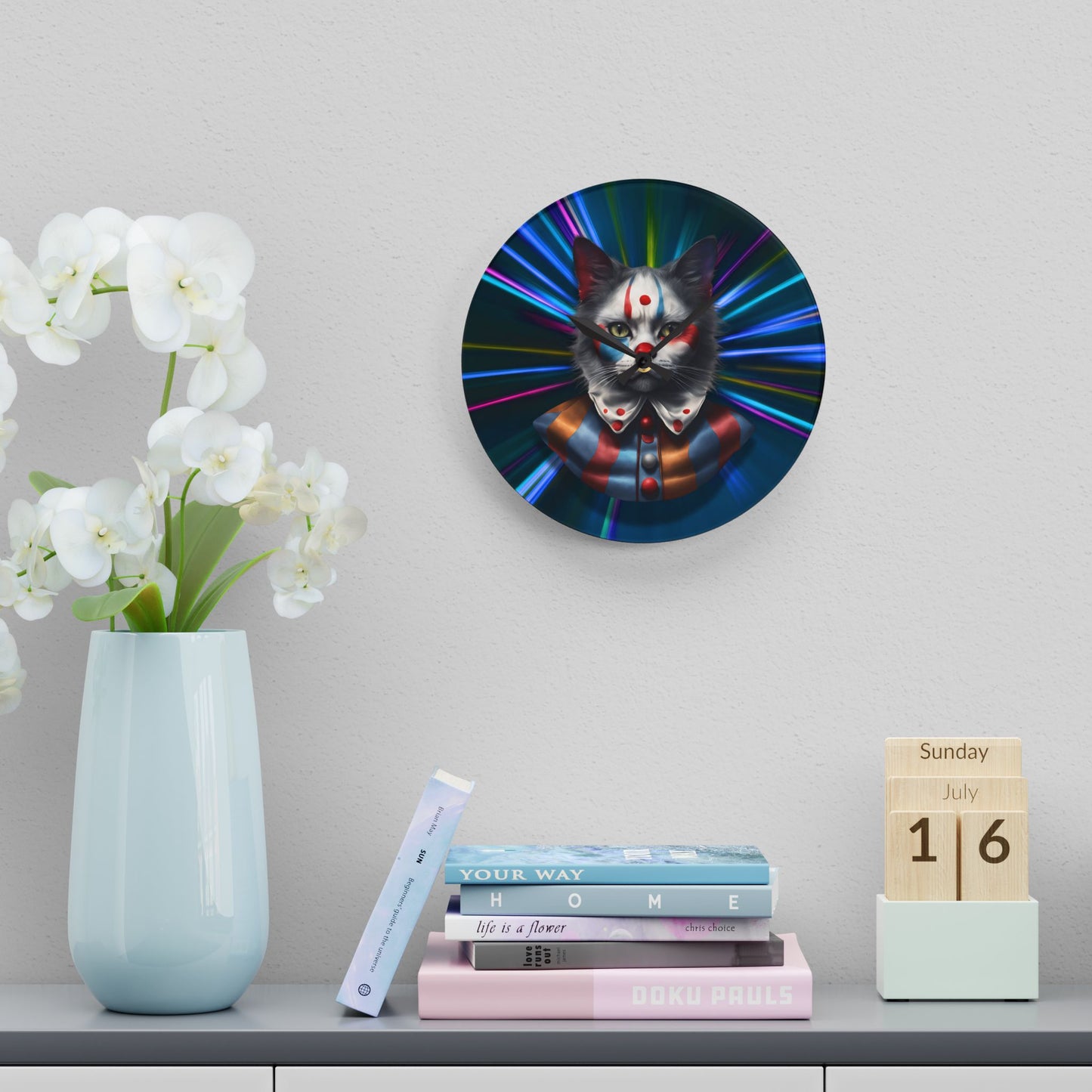 Colorful Cat Clown Acrylic Wall Clock - Whimsical Home Decor