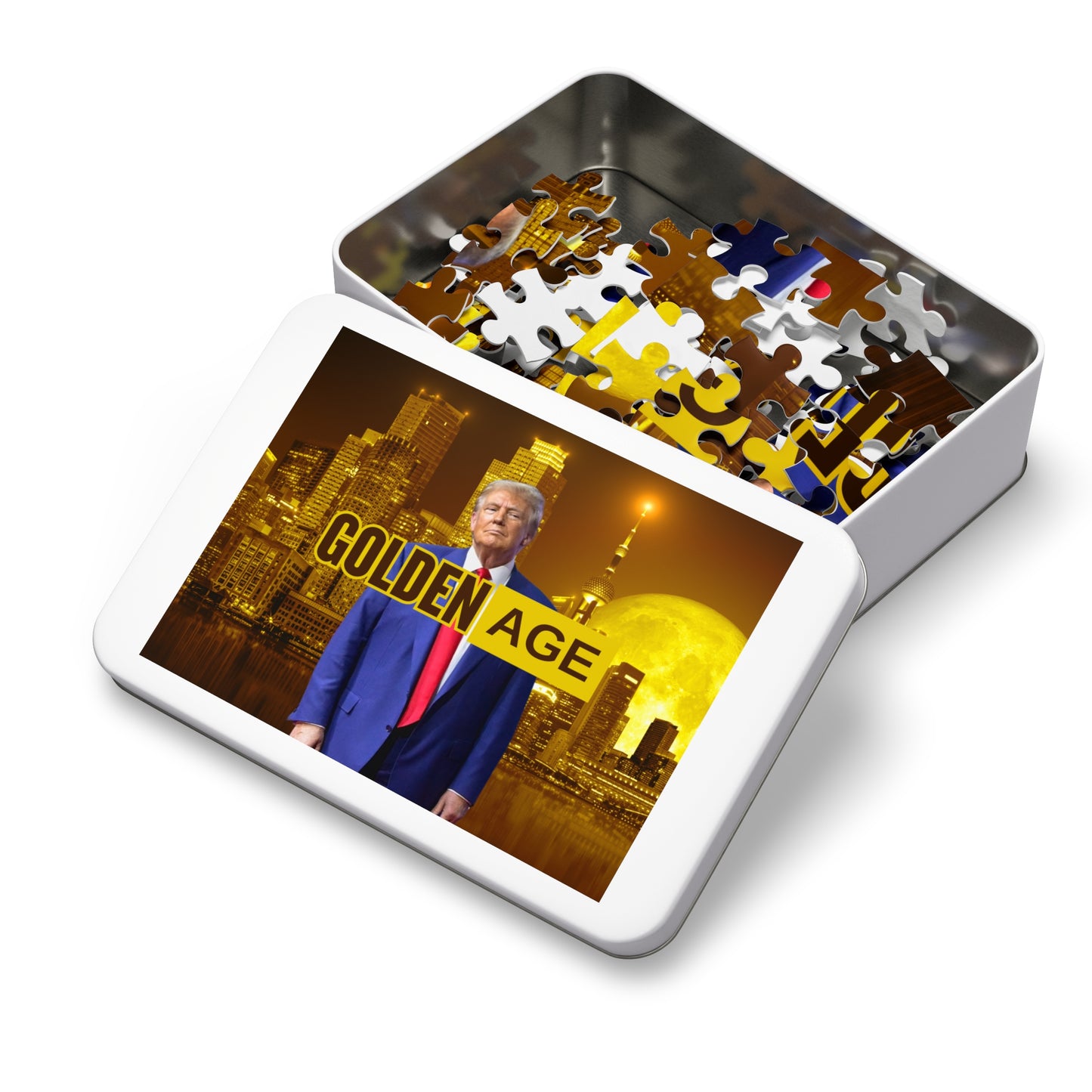 Trump's Golden Age Jigsaw Puzzle with Tin