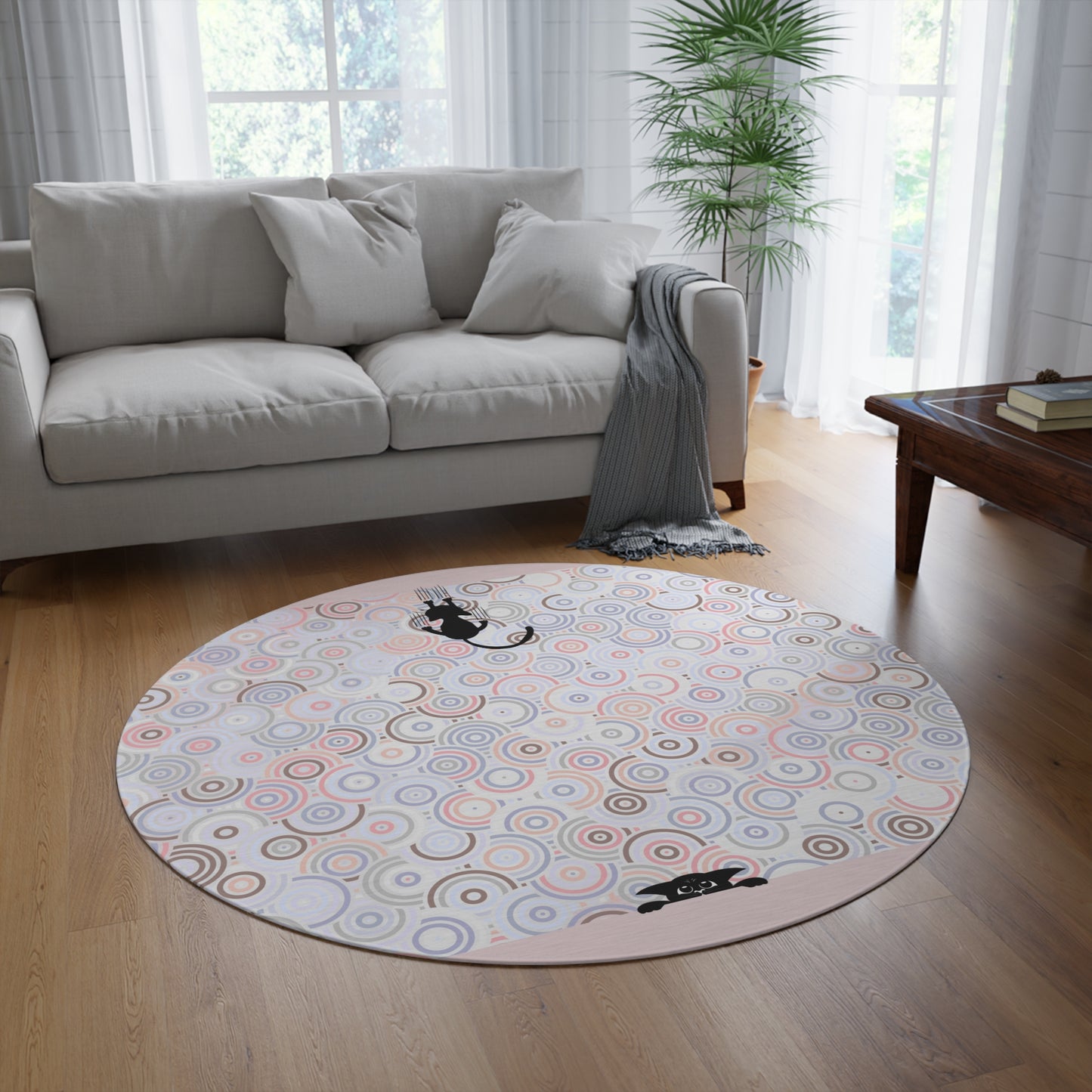 Bohemian Peeking Kitties Round Rug with Colorful Swirls