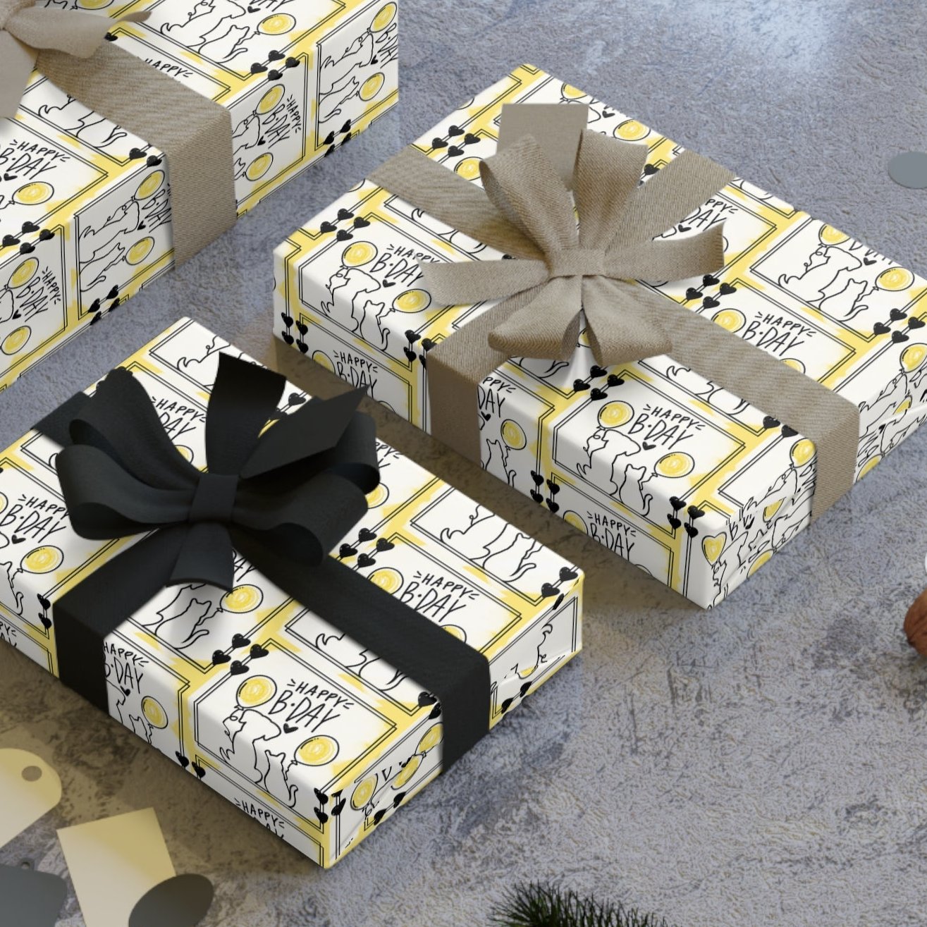 Dog & Cat Black & Yellow Birthday Gift Wrapping Paper Rolls, 1pc