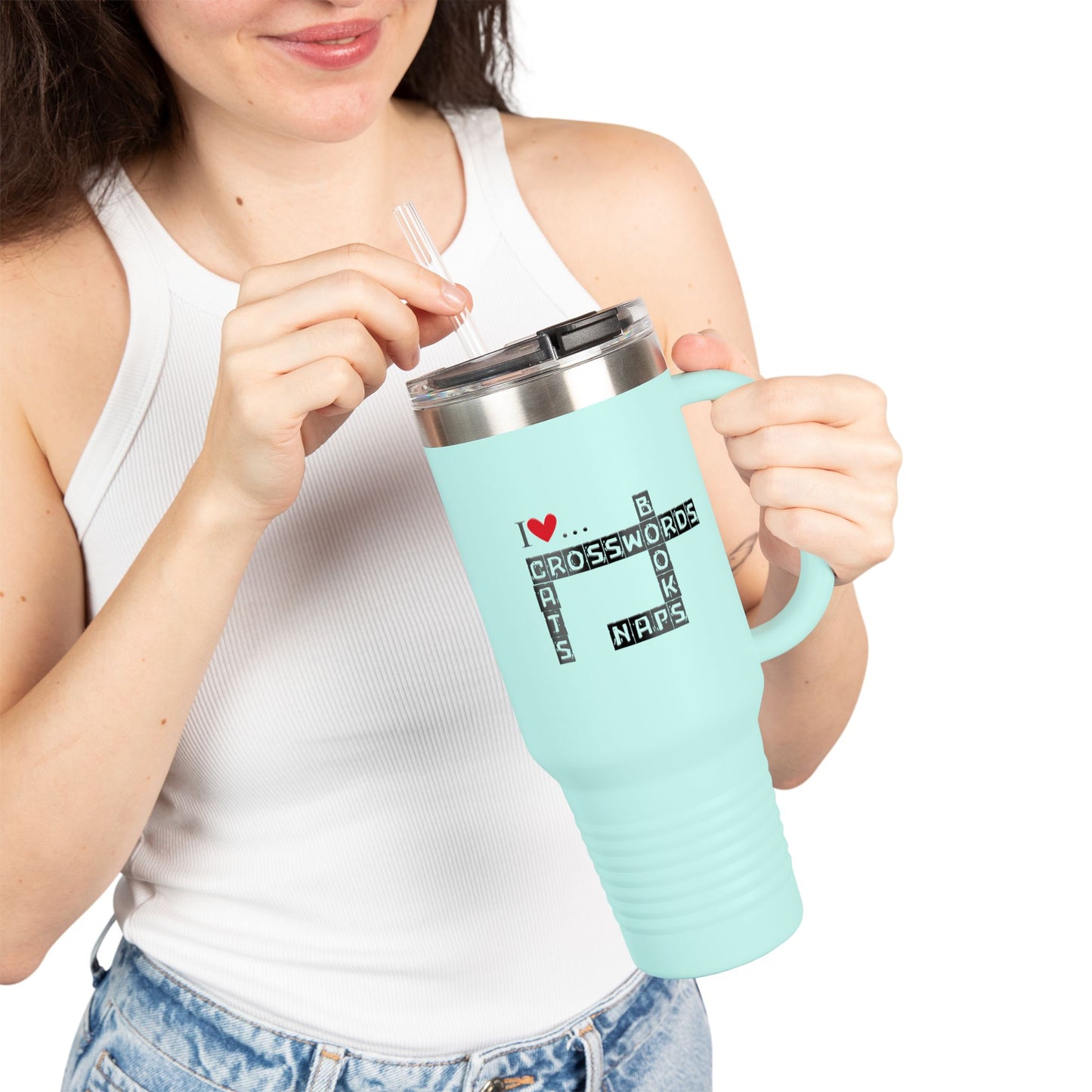 I Love Crosswords Insulated Travel Mug - 40oz Cat Lover Gift