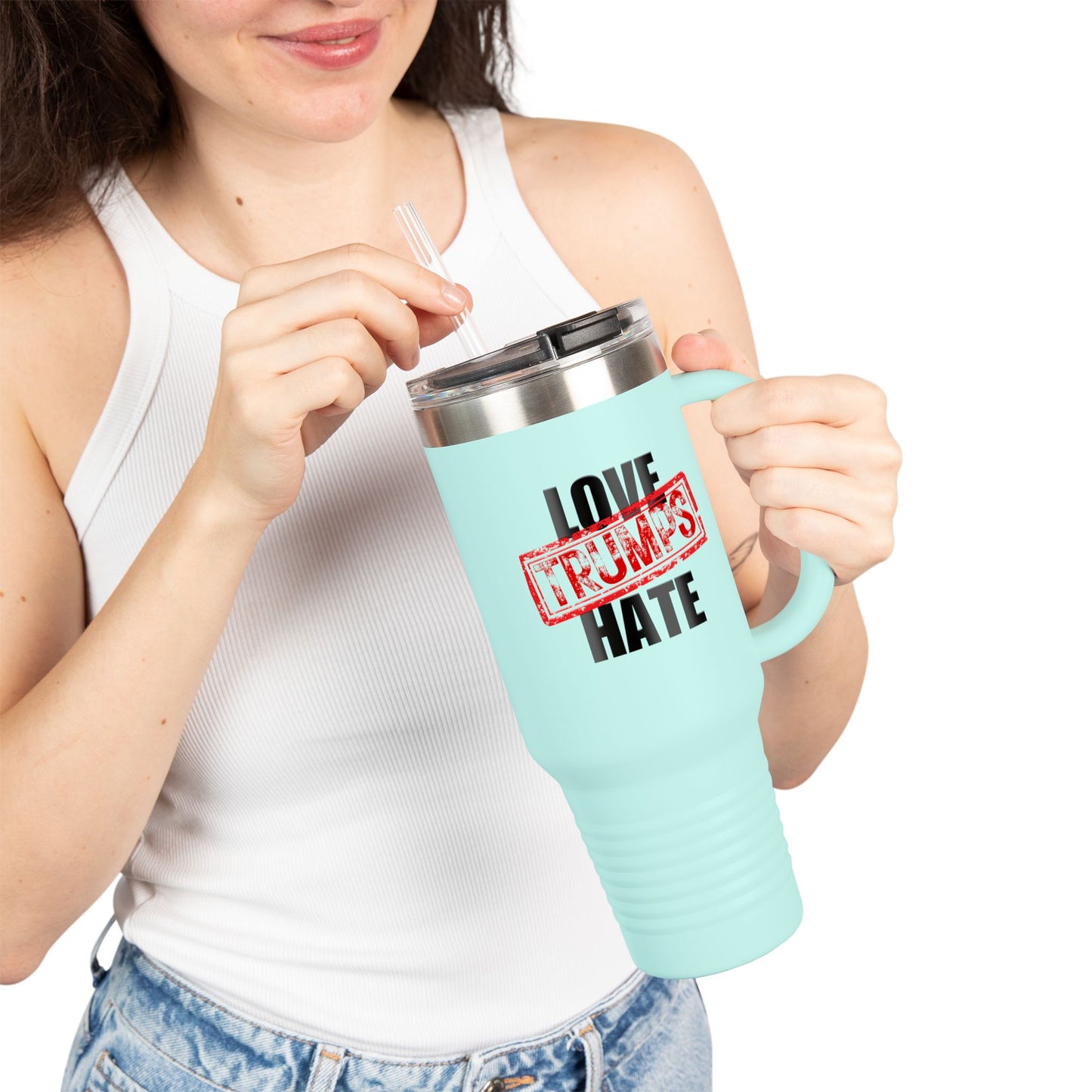 40oz Insulated Travel Mug - "Love Trumps Hate"