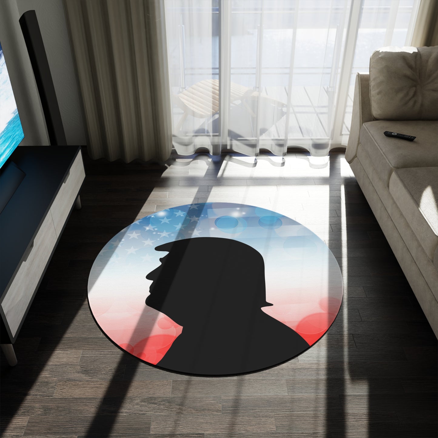 Patriotic Round Rug with Silhouette Trump Design