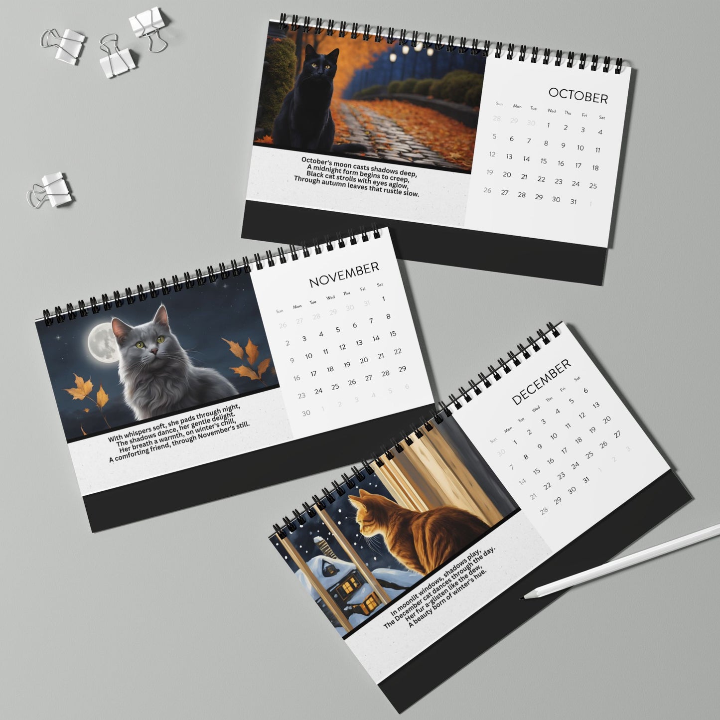 Cat Poetry Month-by-Month Desktop Calendar (2025 grid)