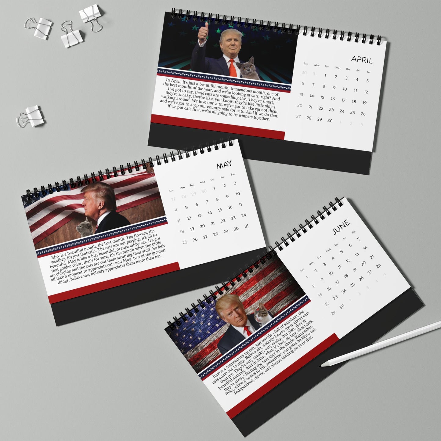 Trump Reflecting on Cats Month-by-Month Desktop Calendar (2025 grid)