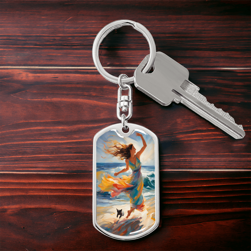 Cat and Lady on the Beach Keychain