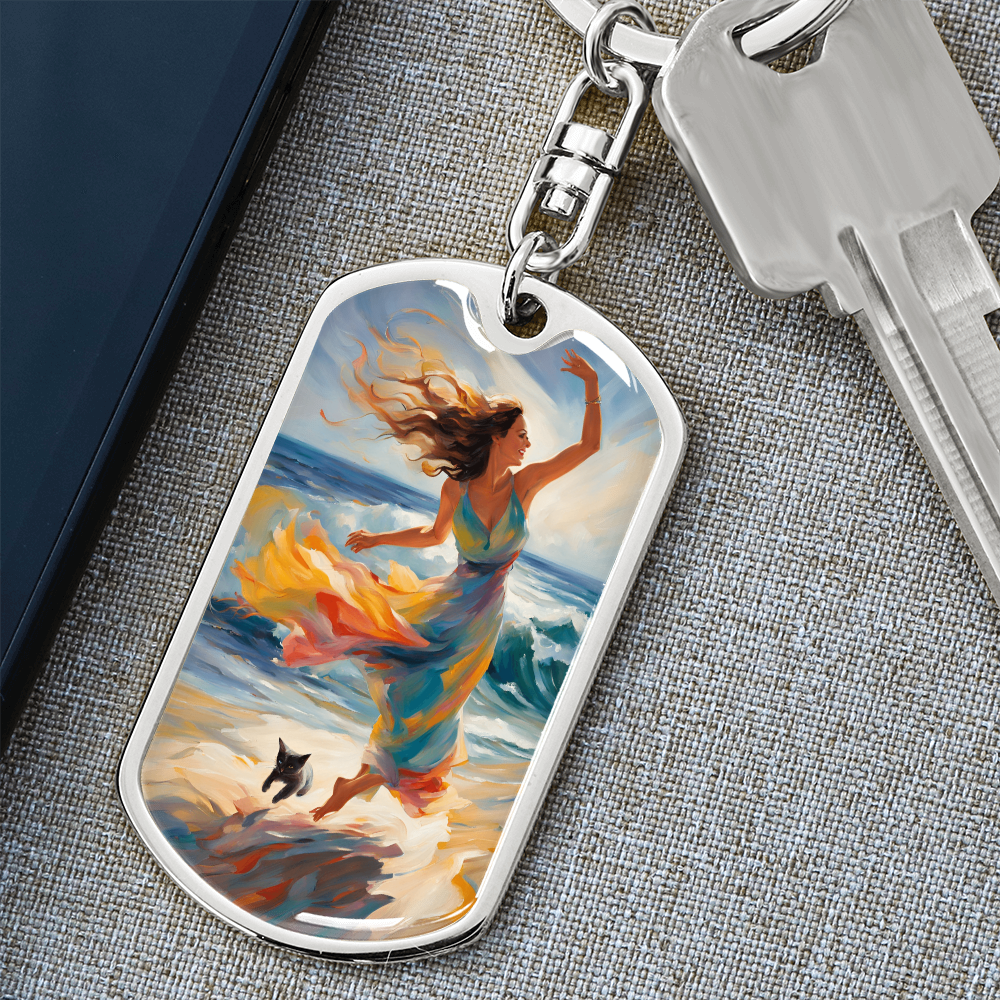 Cat and Lady on the Beach Keychain