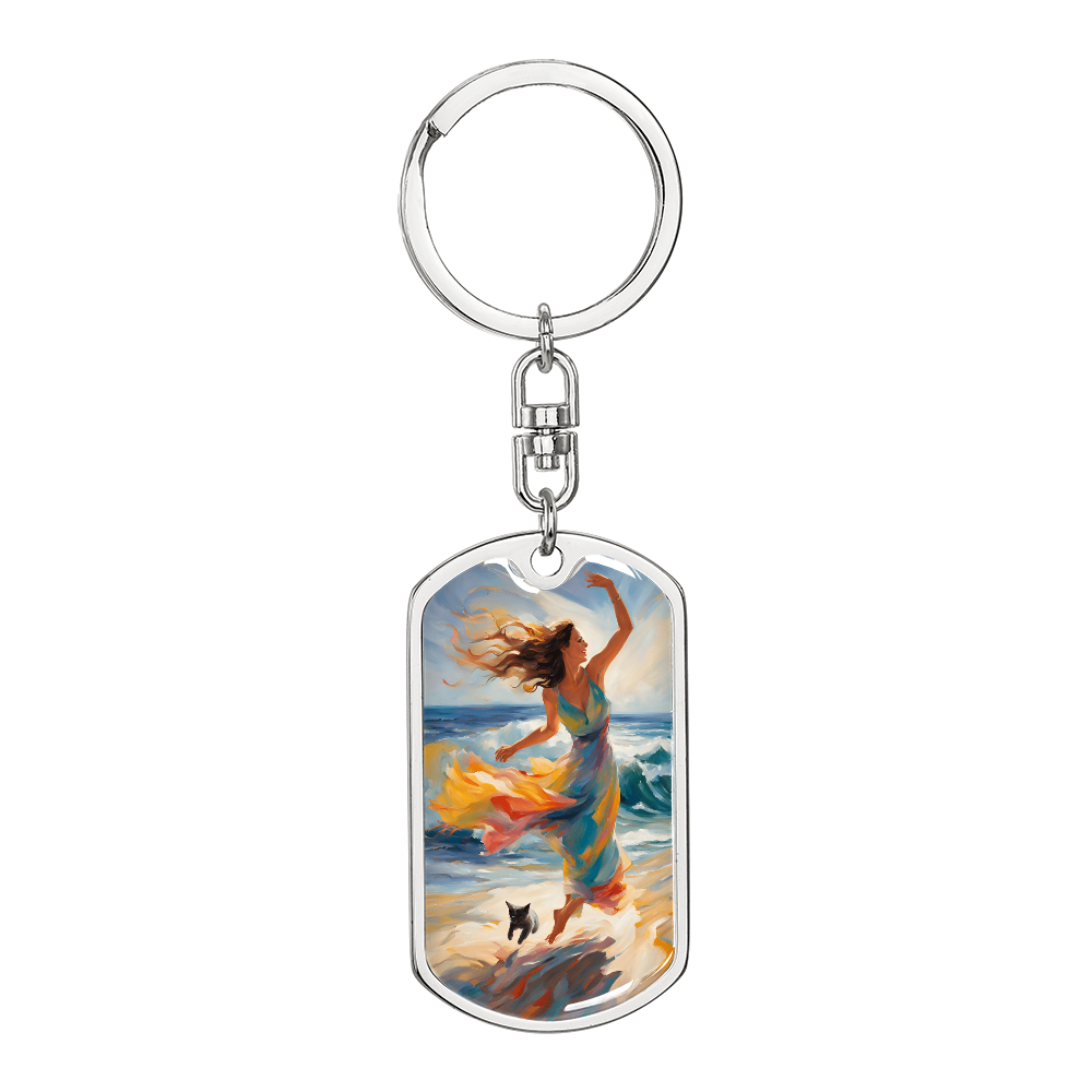 Cat and Lady on the Beach Keychain