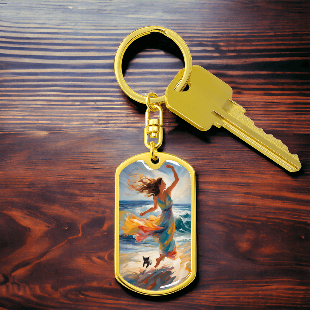 Cat and Lady on the Beach Keychain