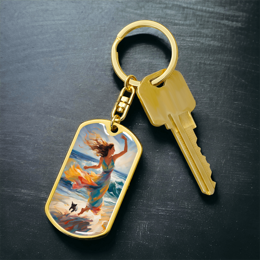 Cat and Lady on the Beach Keychain