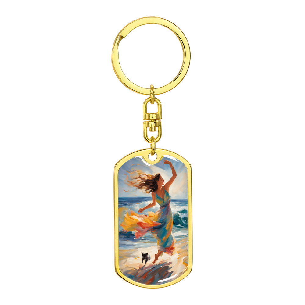 Cat and Lady on the Beach Keychain