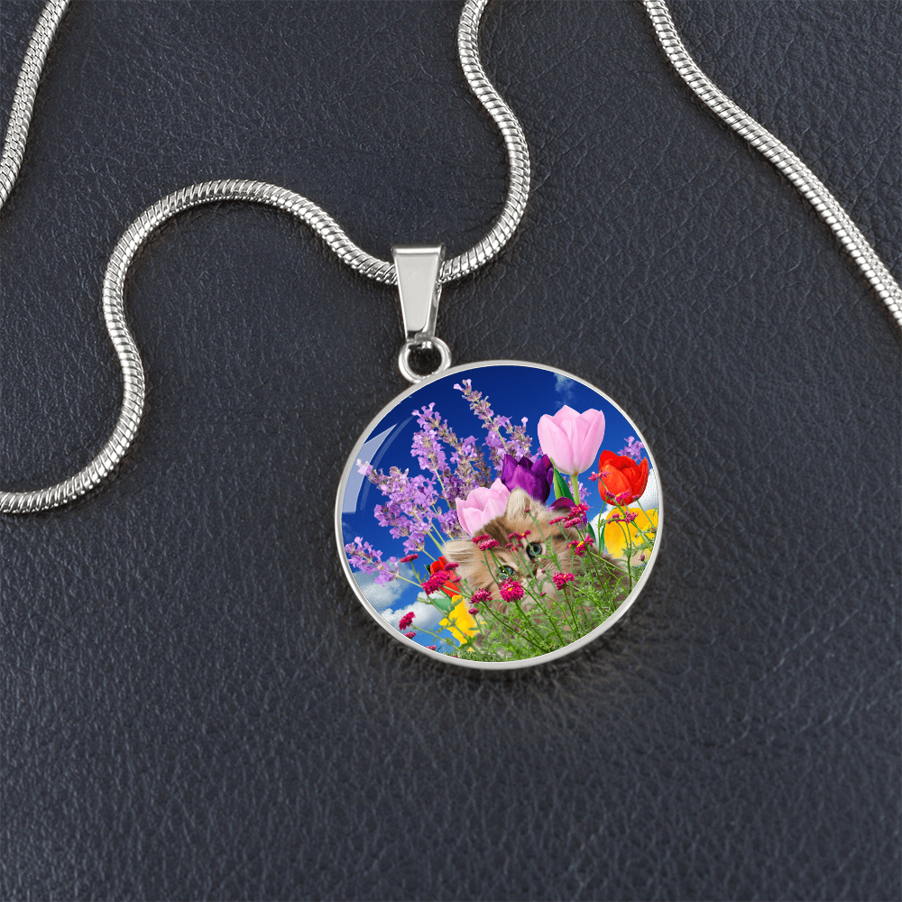 Peeking Kitty in Spring Flowers Necklace