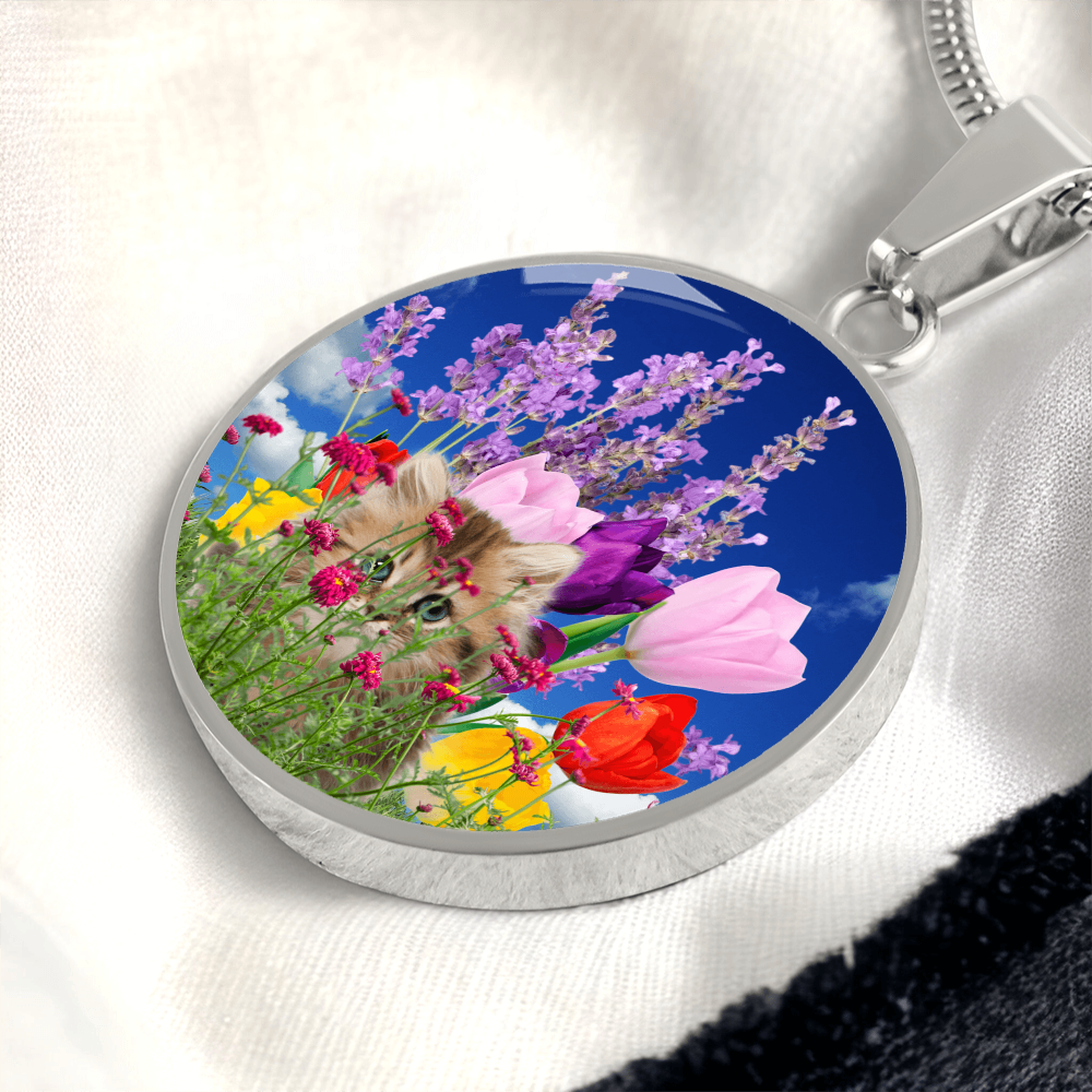 Peeking Kitty in Spring Flowers Necklace