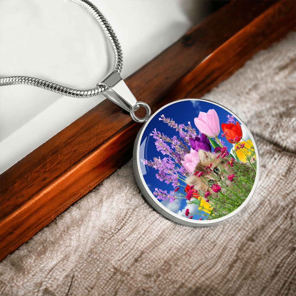 Peeking Kitty in Spring Flowers Necklace