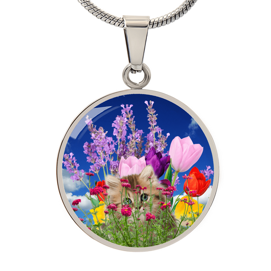 Peeking Kitty in Spring Flowers Necklace