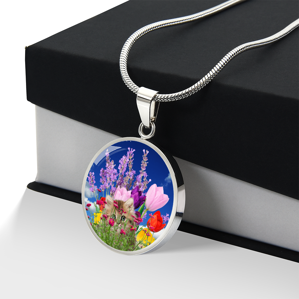 Peeking Kitty in Spring Flowers Necklace