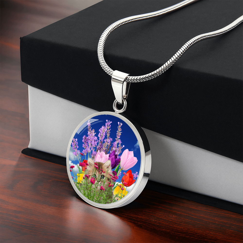 Peeking Kitty in Spring Flowers Necklace