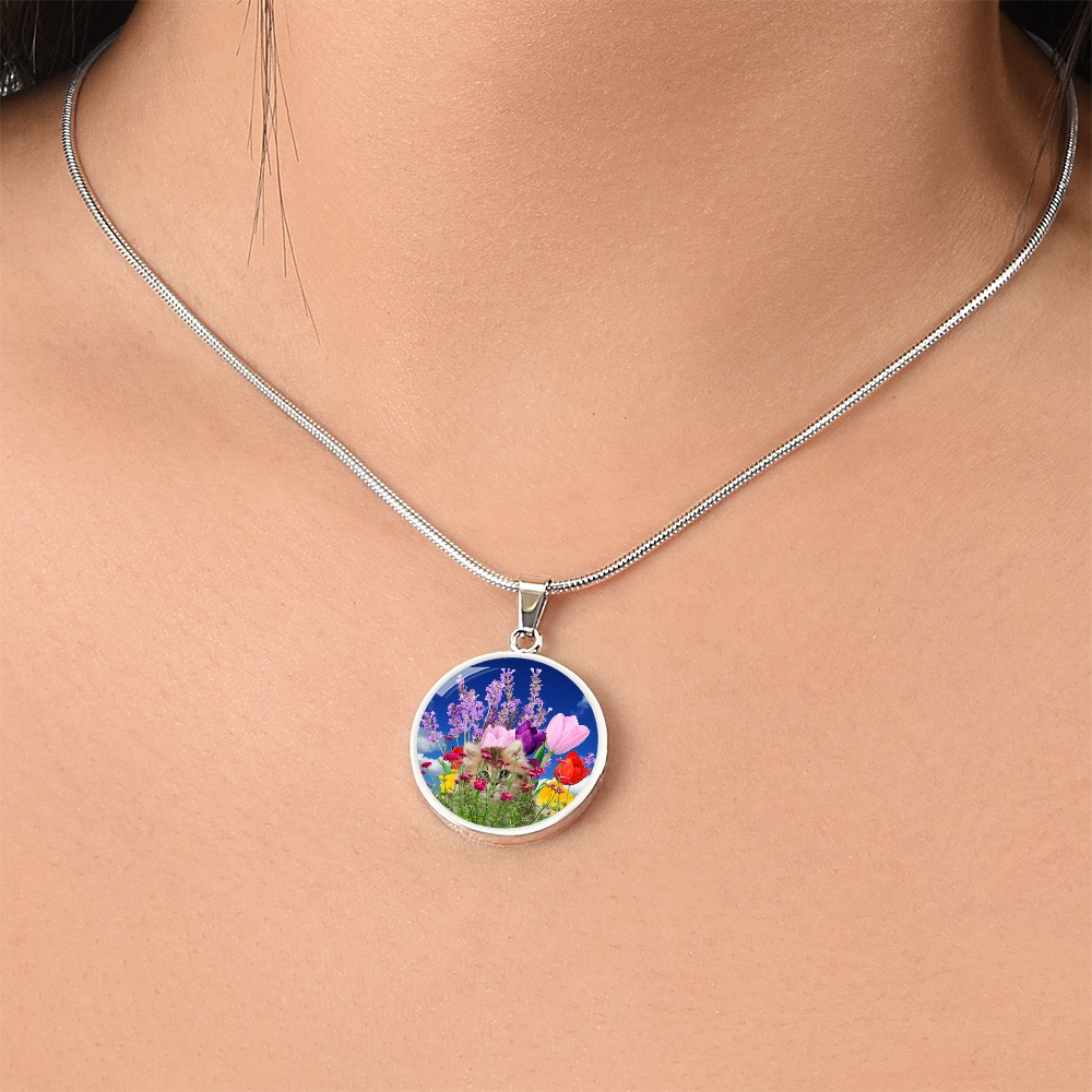 Peeking Kitty in Spring Flowers Necklace