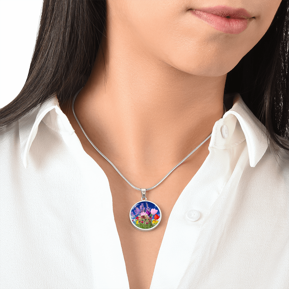 Peeking Kitty in Spring Flowers Necklace