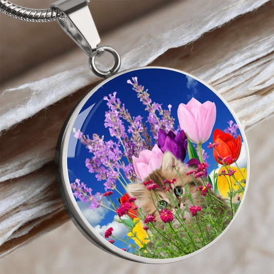 Peeking Kitty in Spring Flowers Necklace