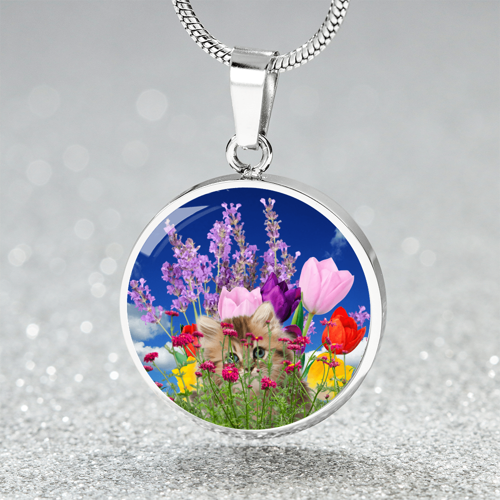 Peeking Kitty in Spring Flowers Necklace