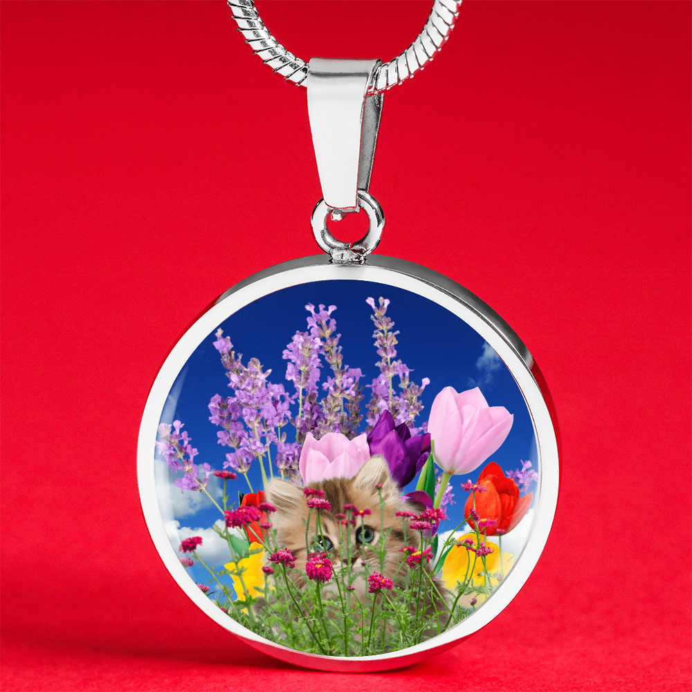 Peeking Kitty in Spring Flowers Necklace