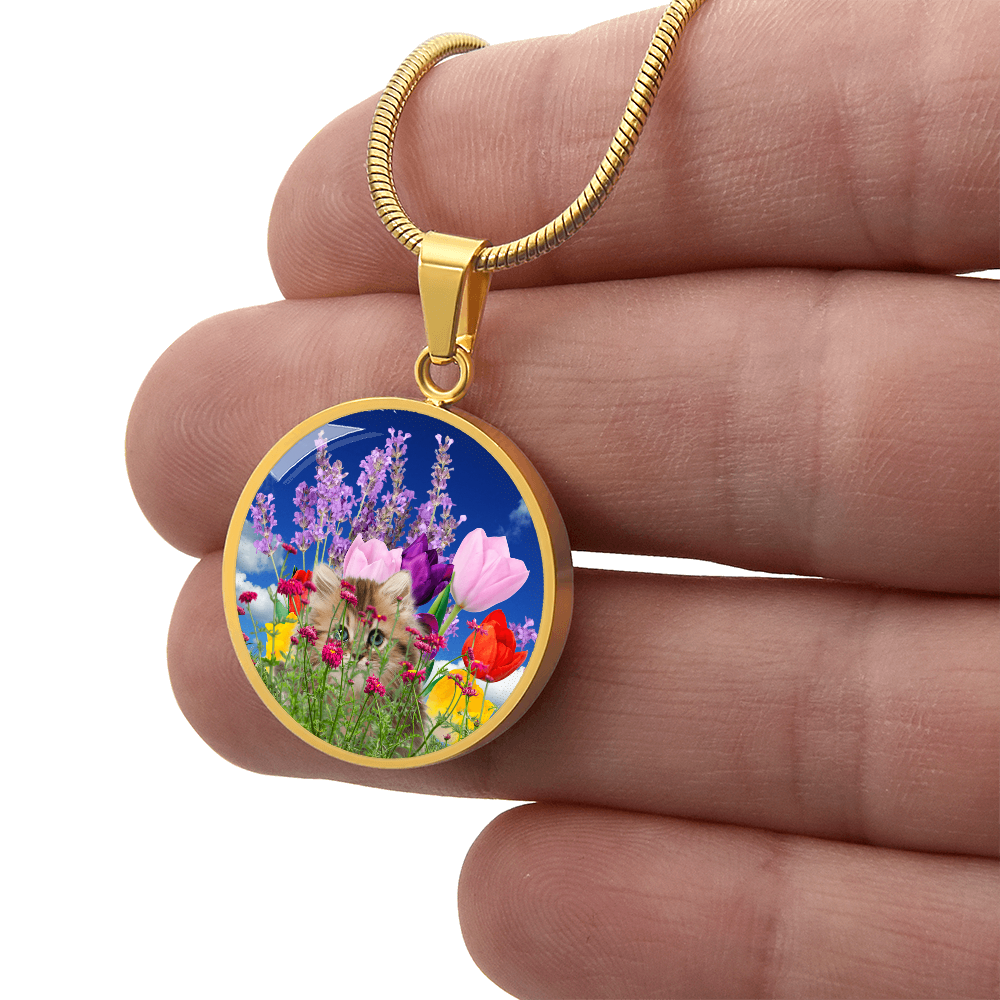 Peeking Kitty in Spring Flowers Necklace