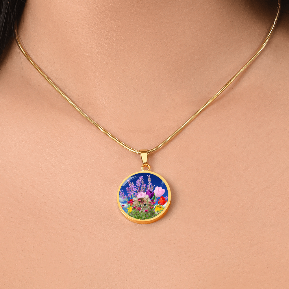 Peeking Kitty in Spring Flowers Necklace