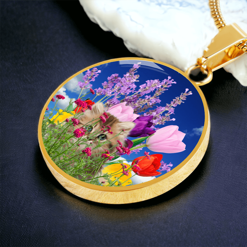 Peeking Kitty in Spring Flowers Necklace