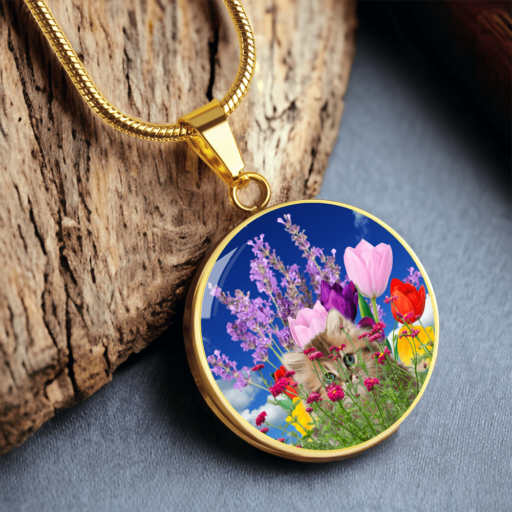 Peeking Kitty in Spring Flowers Necklace