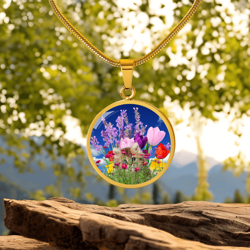 Peeking Kitty in Spring Flowers Necklace