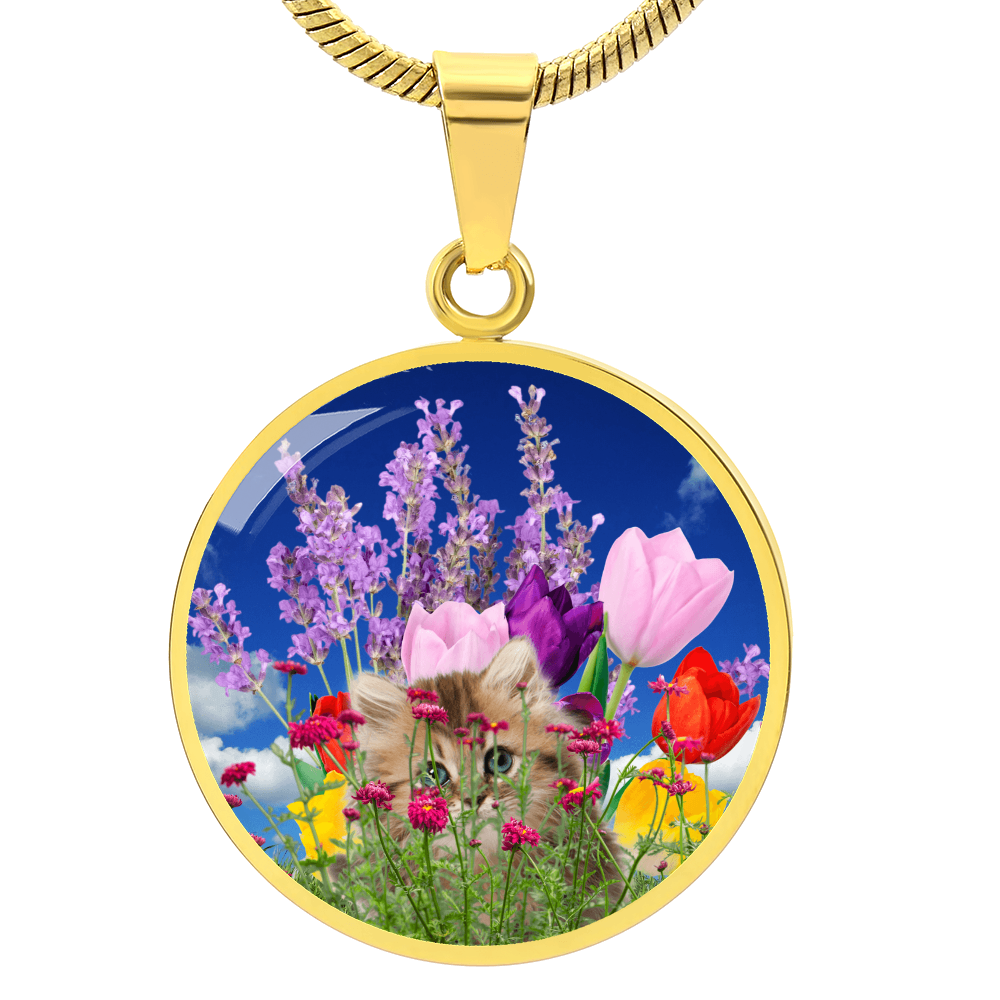 Peeking Kitty in Spring Flowers Necklace