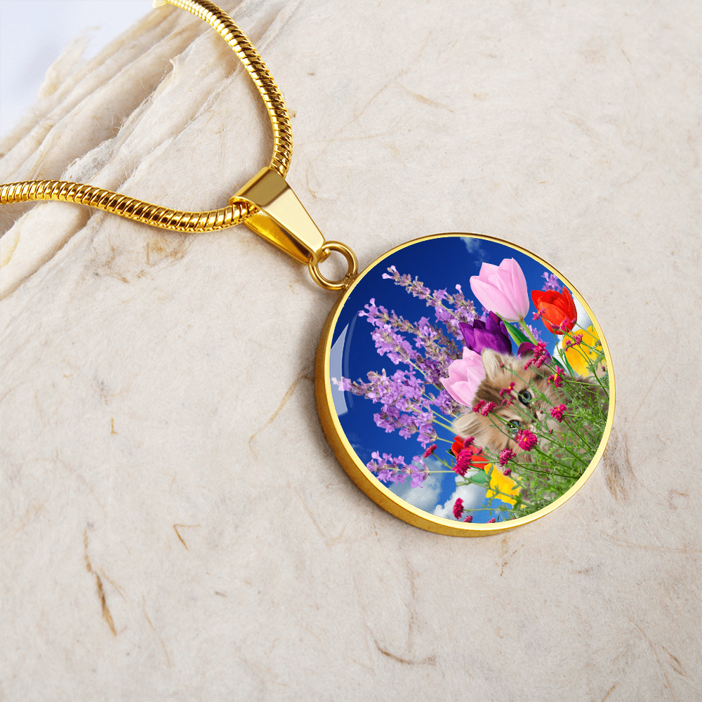 Peeking Kitty in Spring Flowers Necklace