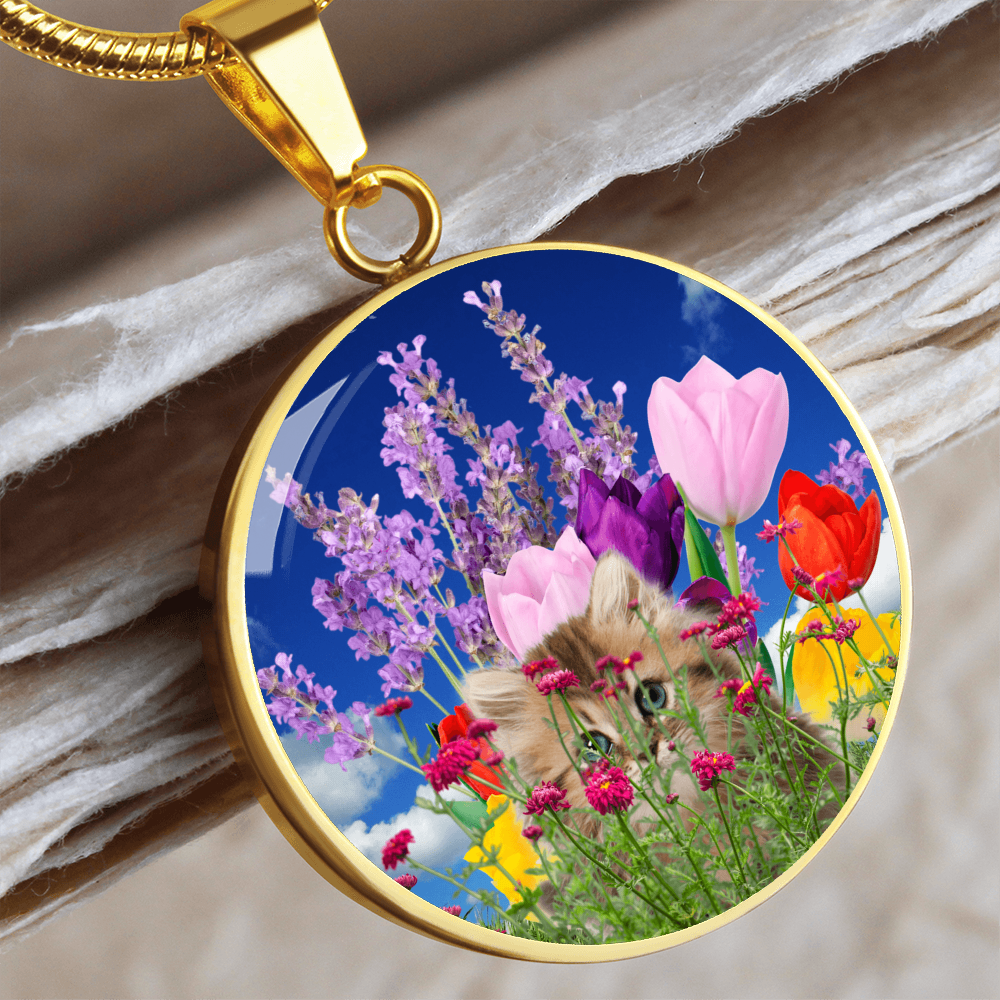 Peeking Kitty in Spring Flowers Necklace