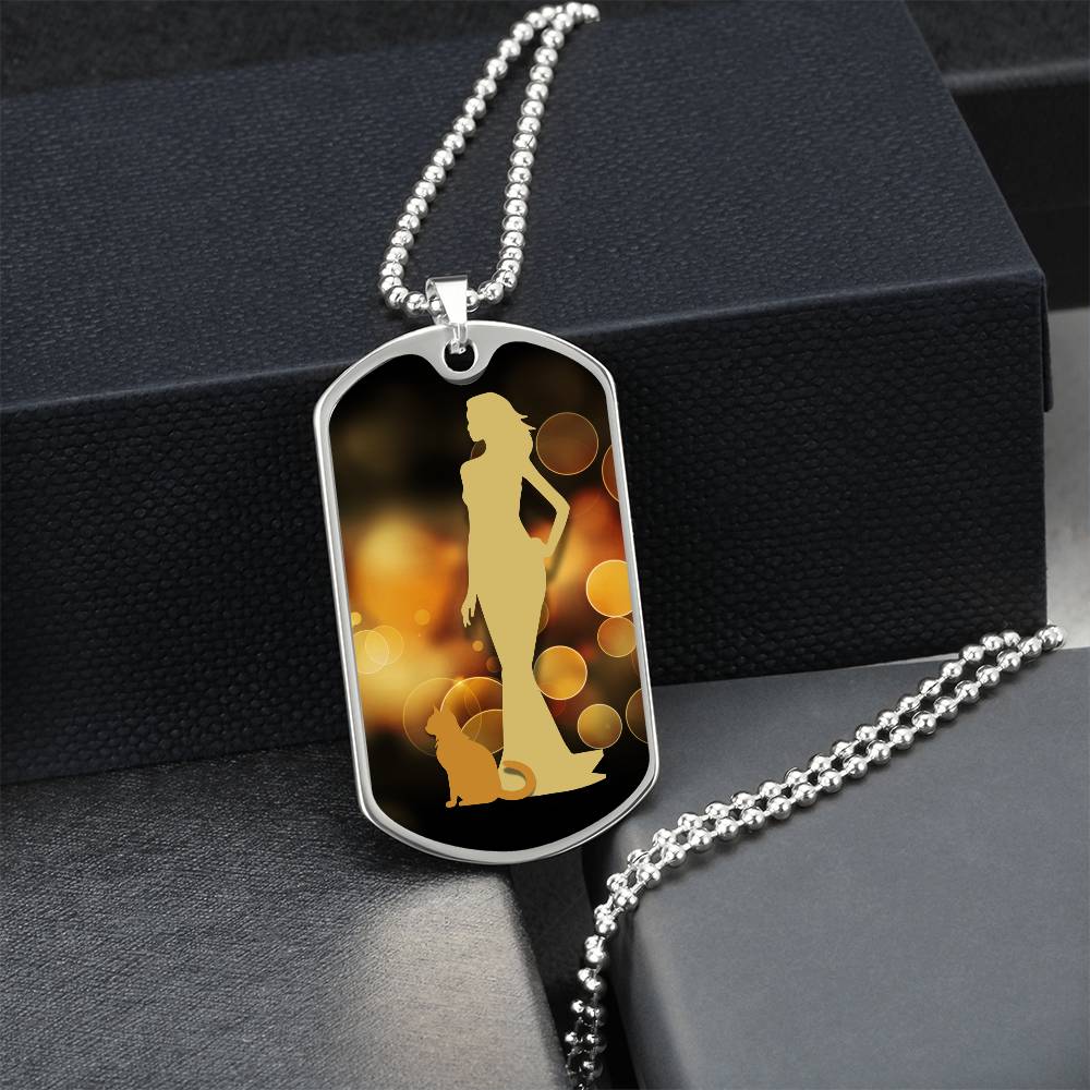 Golden Dress Cat Lady Dog Tag Necklace