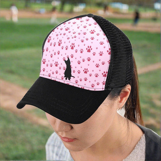 Black Cat on Pink Paws Unisex Baseball Cap E(Front Panel Customization) - Hats - Epileptic Al’s Shop