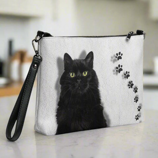 Black Cat on White Leather Crossbody Bag - handbag - EpiAl's Shop