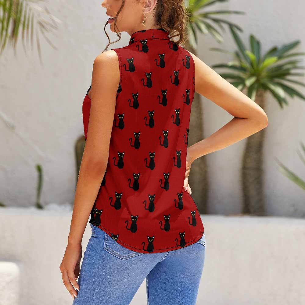 Black Cats on Crimson Summer Ladies Sleeveless Top - Clothing - Epileptic Al’s Shop