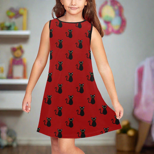 Black Kitties on Crimson Girls' Sleeveless Dress (D58) - Dresses - Epileptic Al’s Shop