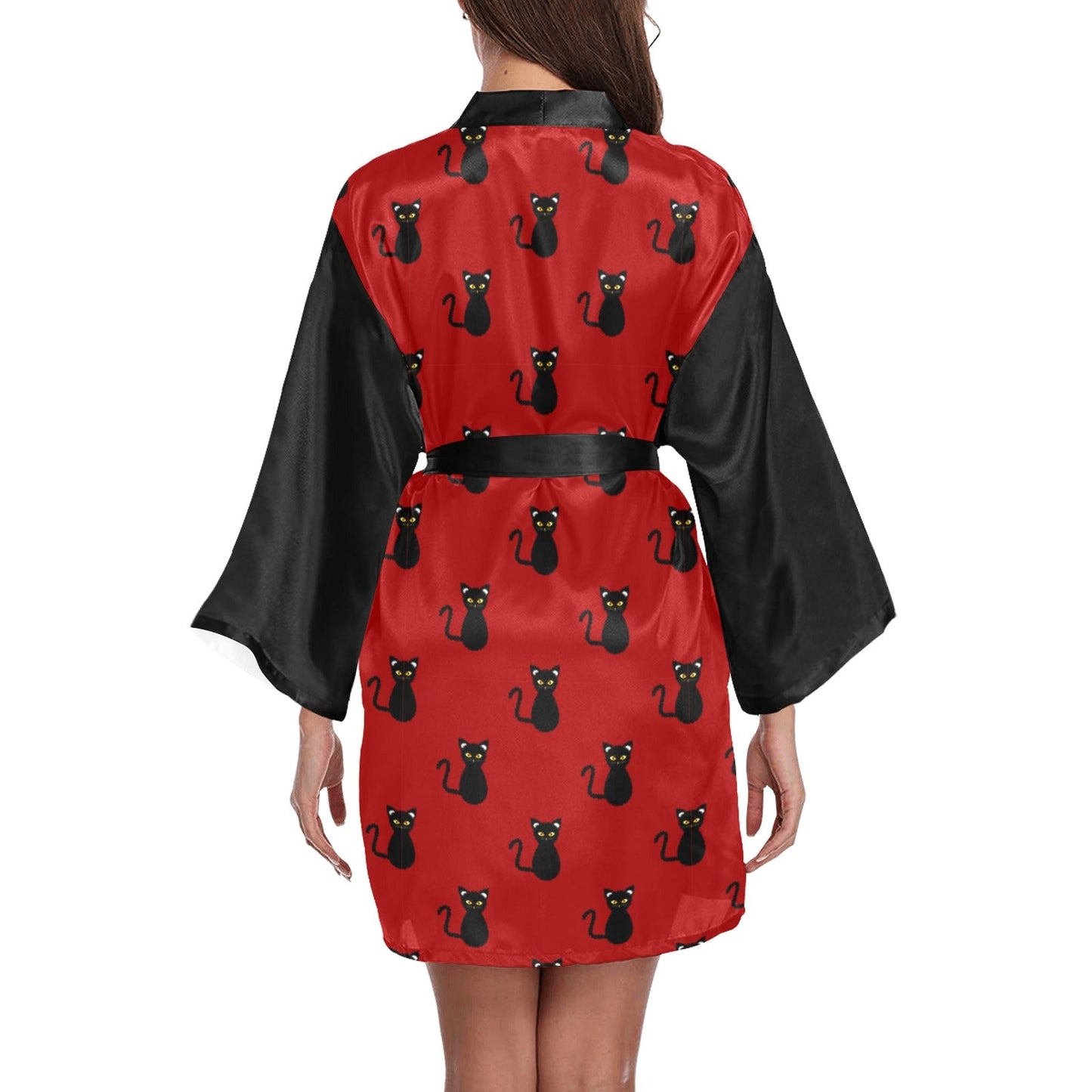 Black Kitties on Crimson Women's Long Sleeve Kimono Robe - Clothing - Epileptic Al’s Shop