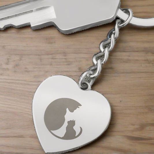 Cat and Kitten Engraved Heart Keychain - Jewelry - Epileptic Al’s Shop