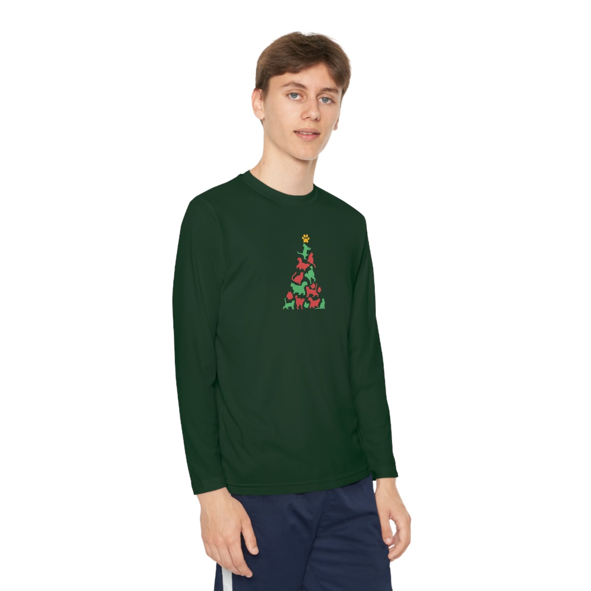 Cat Christmas Tree Youth Long Sleeve Competitor Tee - Kids clothes - Epileptic Al’s Shop