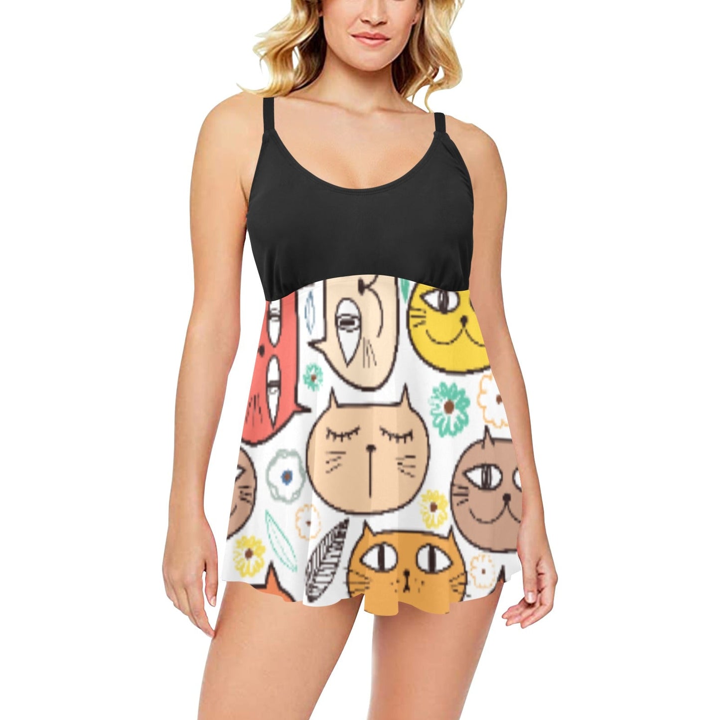 Kitty Faces Chest Pleat Swim Dress (S31) - Swimwear - Epileptic Al’s Shop