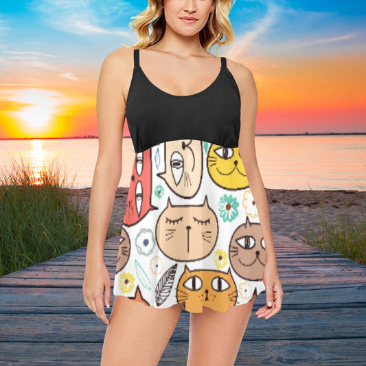 Kitty Faces Chest Pleat Swim Dress (S31) - Swimwear - Epileptic Al’s Shop