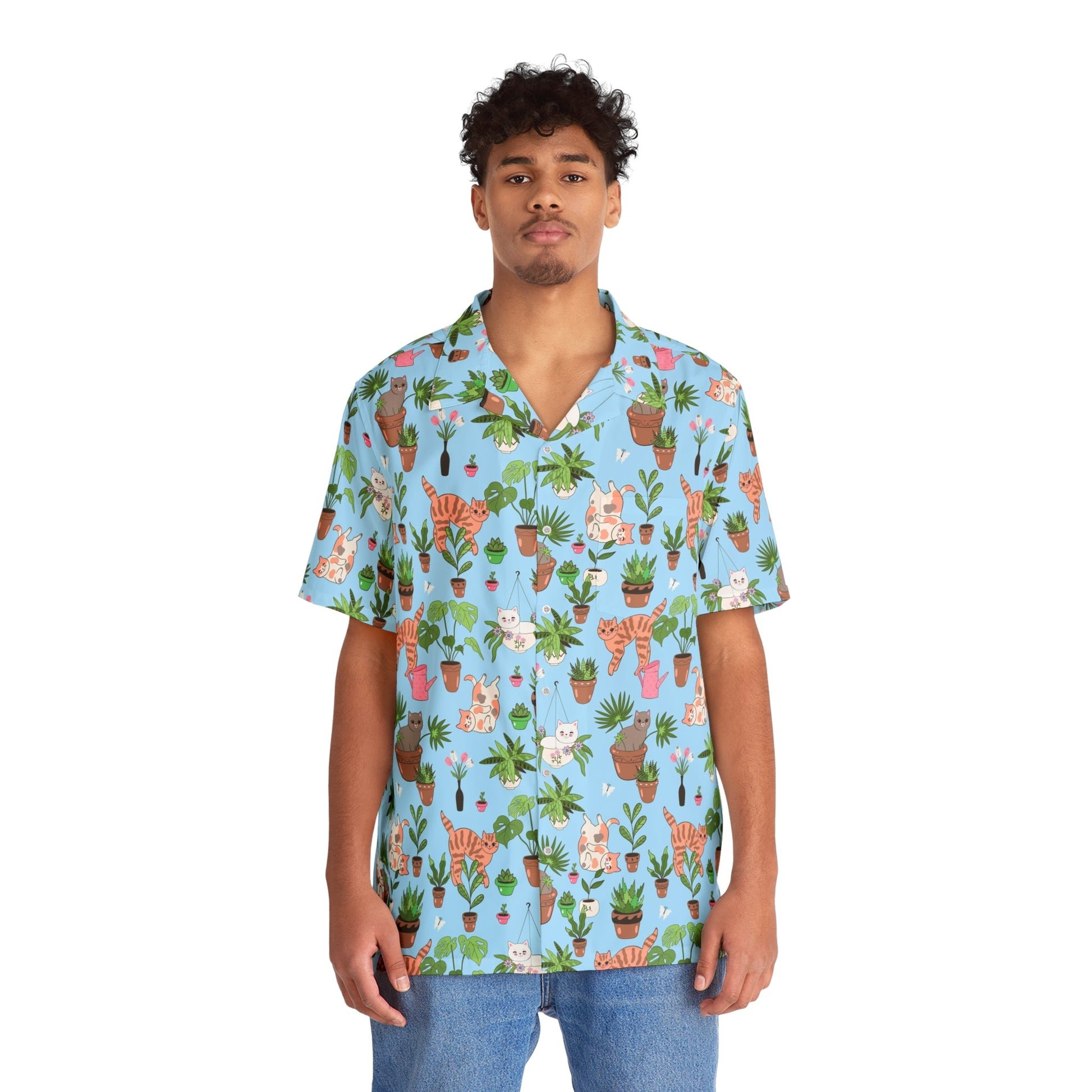 Kitty in the Palms Men's Hawaiian Shirt - All Over Prints - Epileptic Al’s Shop